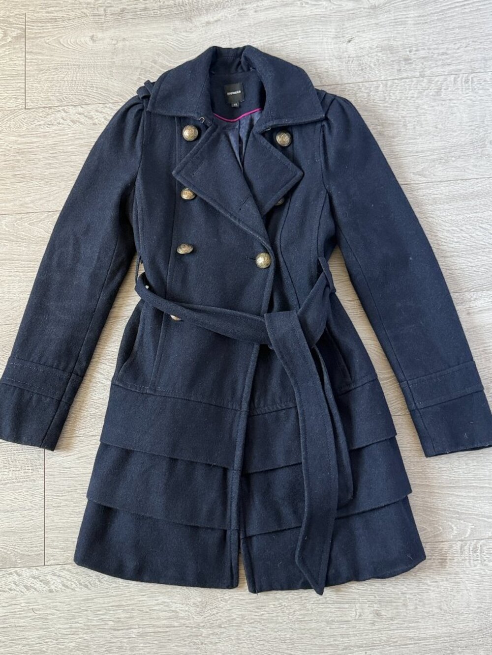 Express Women’s Navy Military Wool Blend Belted Coat Gold Buttons Size XS